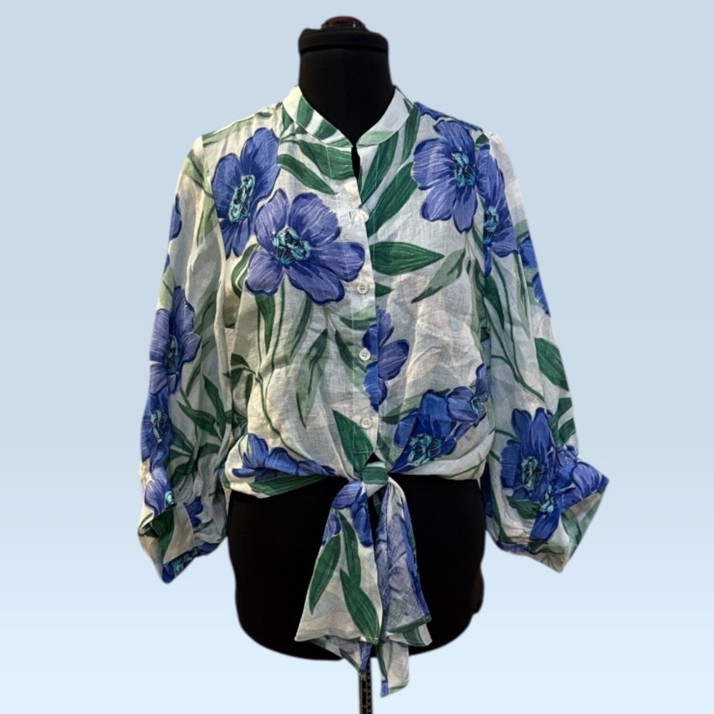 Karen Kane White Blouse with Blue Floral Print and Green Leaves